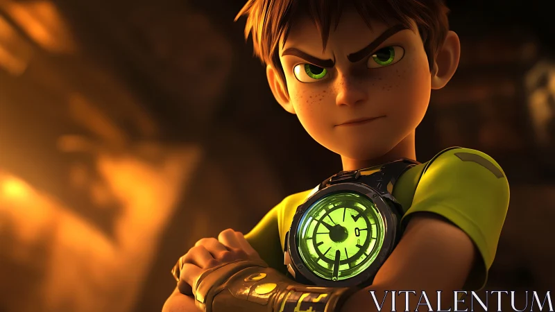 Boy with illuminated wrist device stands in warm lighting