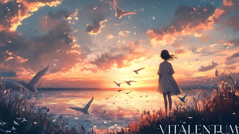 Solitary figure observes seabirds over a sunset shoreline