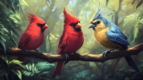 Two Red Cardinals and Blue-Yellow Bird on Branch in Lush Forest, Realistic Art.