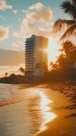 High-rise coastal tower framed by sunset-lit palm silhouettes.