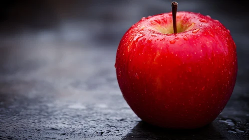 Red apple glows under soft light on wet dark surface.