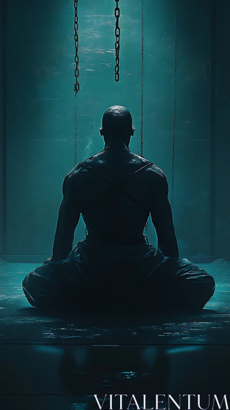 Solitary figure meditating beneath suspended industrial chains.