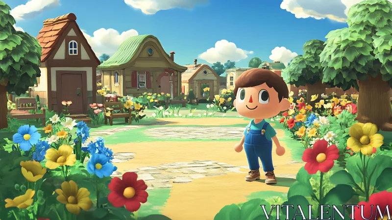 Cartoon villager in stylized 3D town with dense floral landscaping