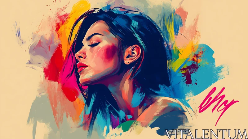 Color-soaked daydream of a serene woman in painted motion.