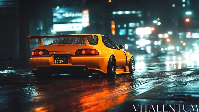 Neon-soaked tuner coupe in cinematic nocturnal streetscape.