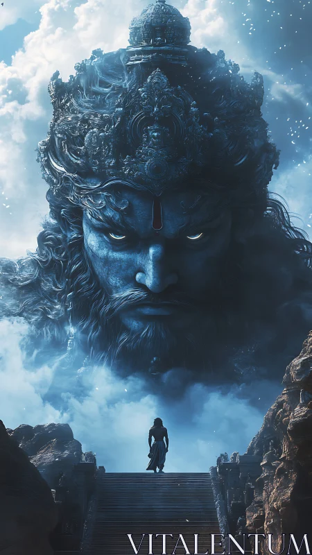 Majestic stone deity looms over lone figure on stairs.