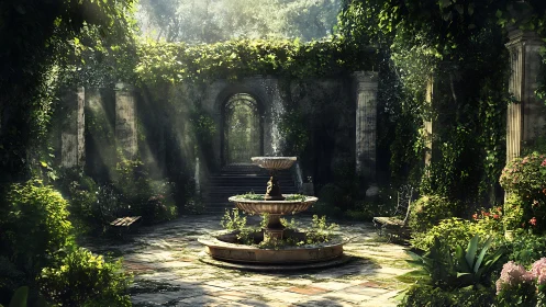 Sunlit fountain whispers in a vine-draped secret courtyard