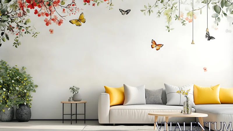 Modern living room with floral wall art and butterflies decor.