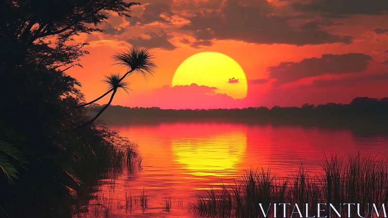Sun dominates vivid red sunset over calm reflective lake