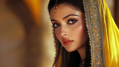 Woman in yellow embroidered veil rendered in photoreal detail