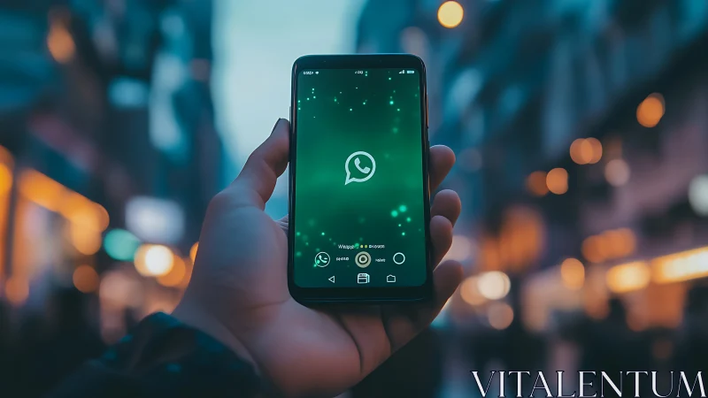 Smartphone displays WhatsApp screen in blurred city street