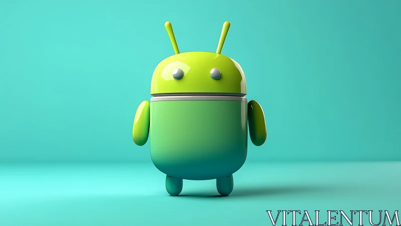 Green android robot figure on turquoise studio background.