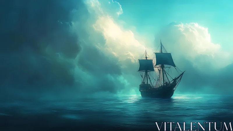 Gentle tall ship drifting toward sunlit ocean clouds.