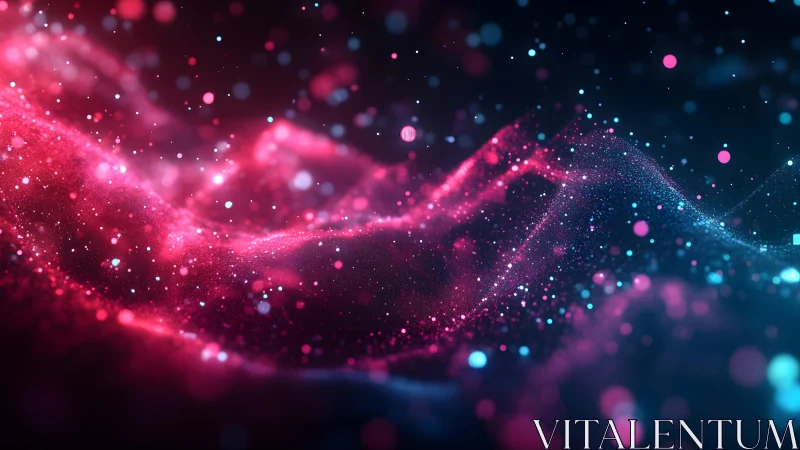 Abstract digital landscape with glowing particles, neon pink and blue.