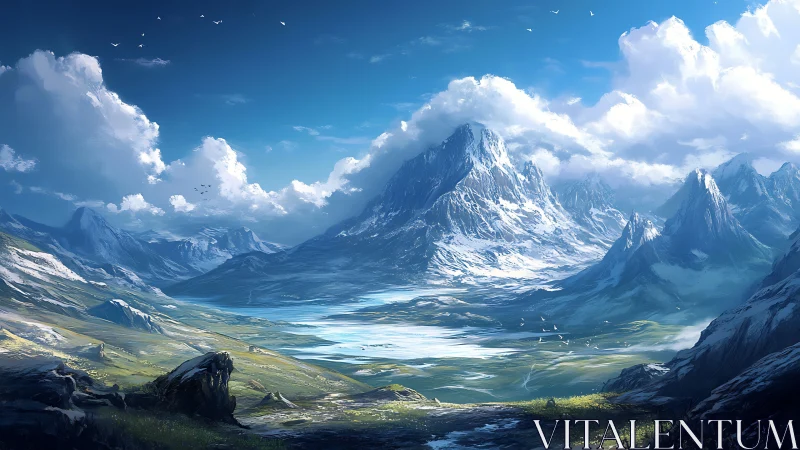 Sunlit mountain valley where bright skies meet quiet snow.