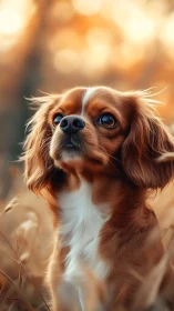 Golden hour spaniel gazes upward in soft autumn light