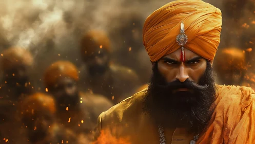 Turbaned warrior stares forward amid blurred armed figures