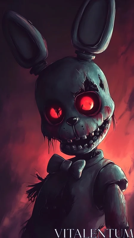 Sinister robot bunny with glowing red eyes in flame light.