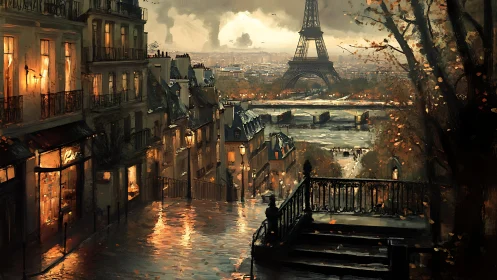 Golden dusk stroll through rainy Paris streets and river view.