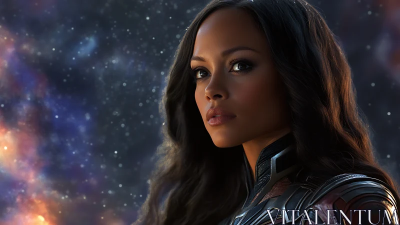 Female space officer portrait is rendered against starfield