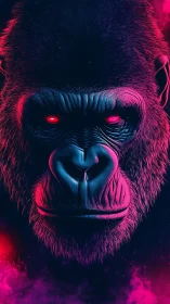 Neon-lit cyber gorilla portrait with glowing red eyes.