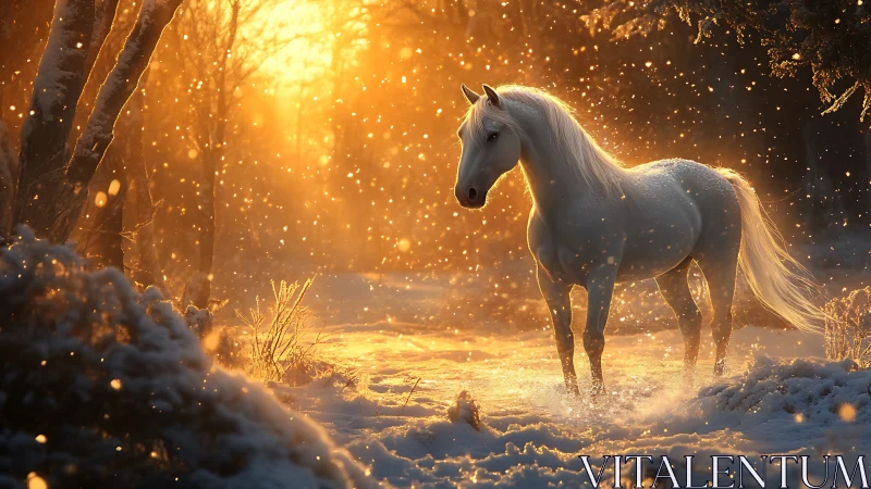 Winter sunlight gently crowns a white horse in quiet magic