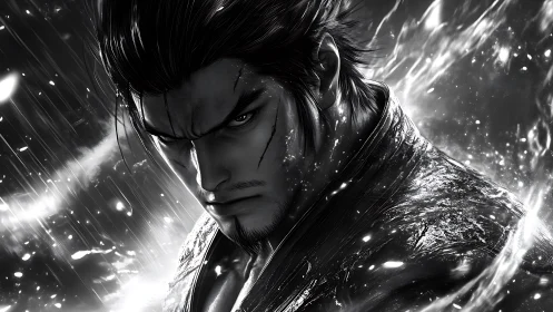 Brooding samurai warrior emerges through storm-lit darkness.