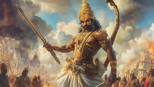 Golden warrior king dominates a mythic battlefield in flames