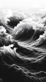 Monochrome digital seascape shows stylized breaking waves