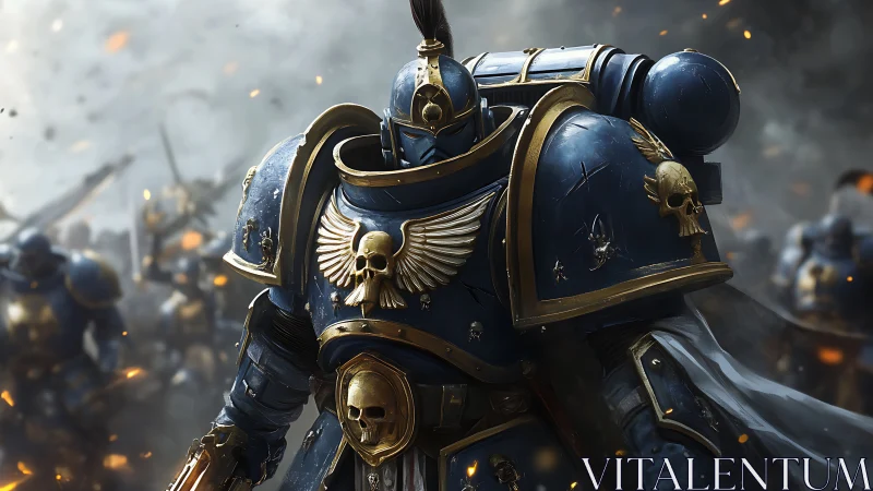 Armored space warrior advances through burning battlefield.