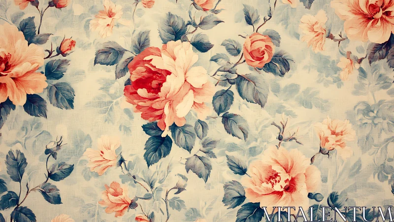 Vintage coral roses on pastel blue floral textile pattern.