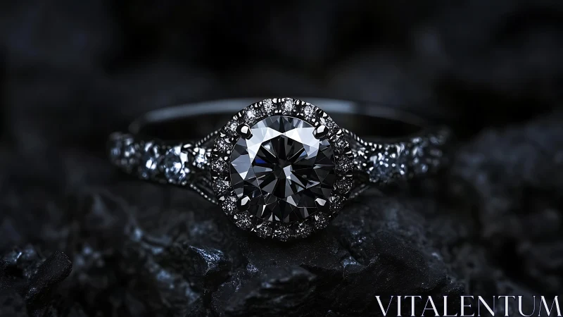 Diamond engagement ring sits on textured dark stone surface