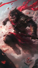 Ferocious monkey warrior descends through stormlit skies