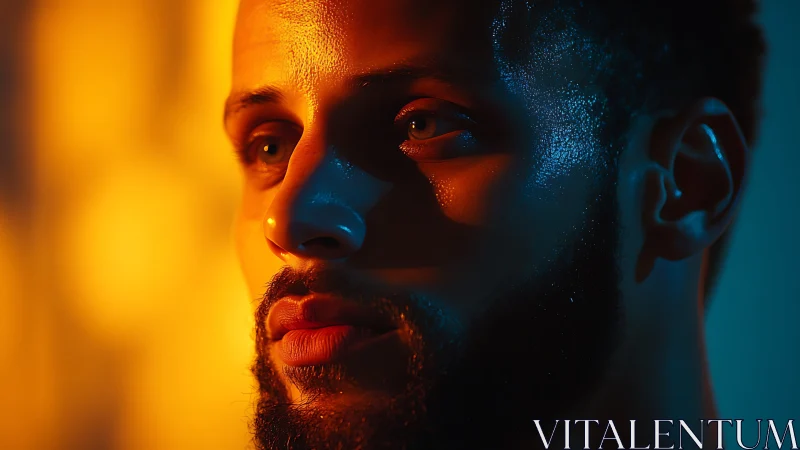 Moody male portrait in vivid orange and teal lighting.