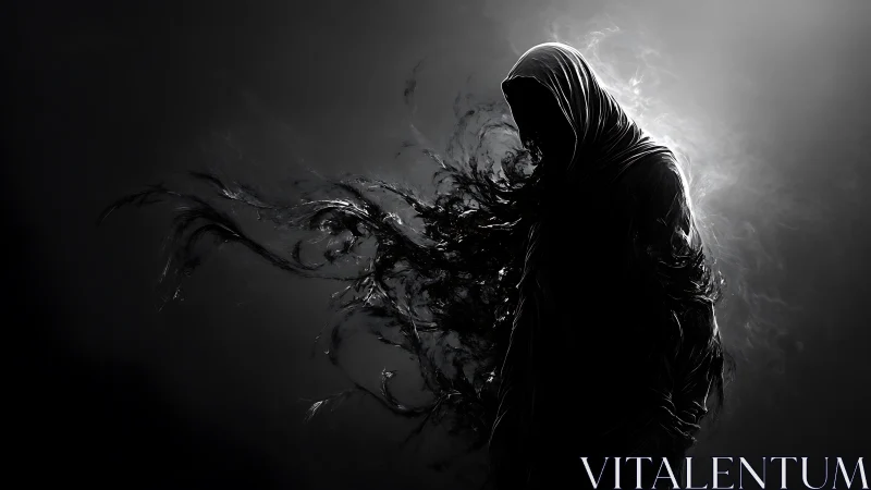 Hooded shadow entity dissolving into swirling darkness.