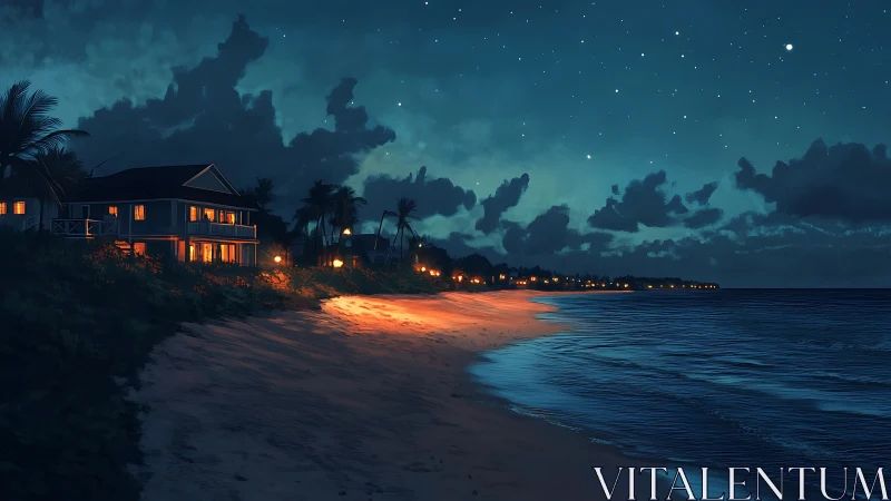 Coastal villas glow along starlit tropical shoreline at night