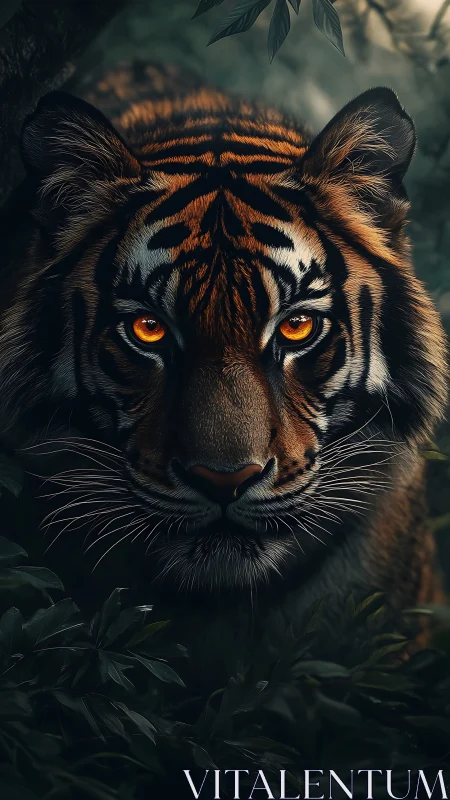 Ember-eyed jungle tiger emerging from midnight foliage.