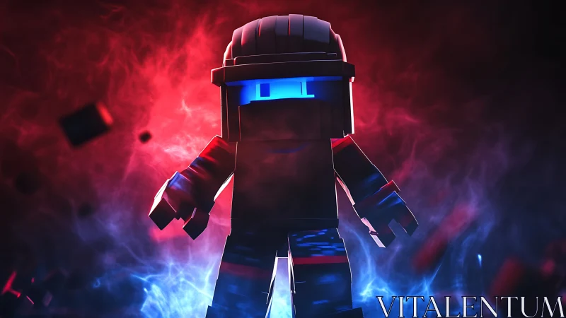 Voxel cyber warrior strides through red blue energy storm.