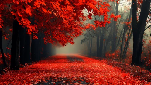 Digital painting of crimson forest avenue with misted depth.