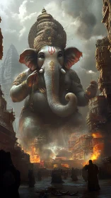 Colossal ganesha apparition over burning mythic megacity.