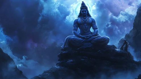 Monumental blue Shiva figure in meditative posture amid storm clouds