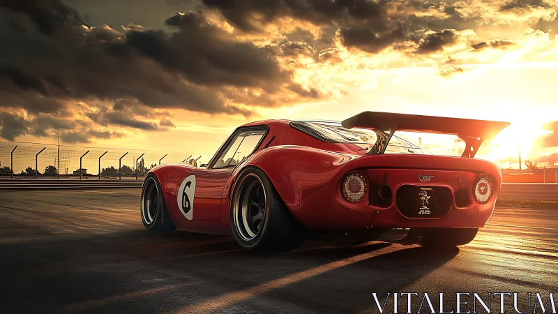 Sunlit red racing coupe poised on dramatic track horizon.