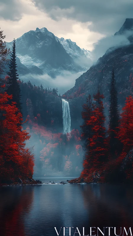Crimson forest valley framing misty alpine waterfall vista.