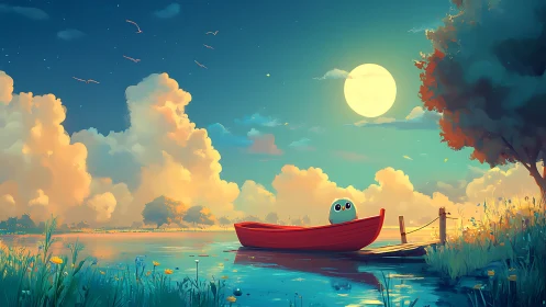 Small character in red rowboat under large full moon.