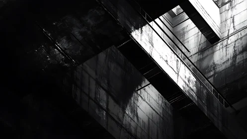 Stark industrial staircase in dramatic black and white abstract style.
