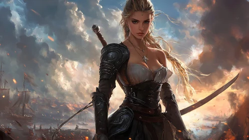 Stormlit warrior captain amid burning coastal armada.