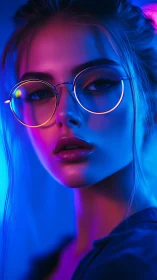Neon-lit portrait highlights reflective round glasses glow.