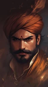 Warrior portrait shows intense gaze under flowing turban