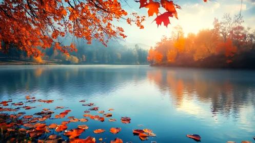Digital painting of autumn lake with luminous foliage reflections.