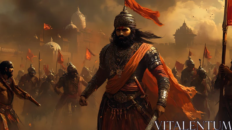 Proud warrior leads his steadfast army through golden smoke.